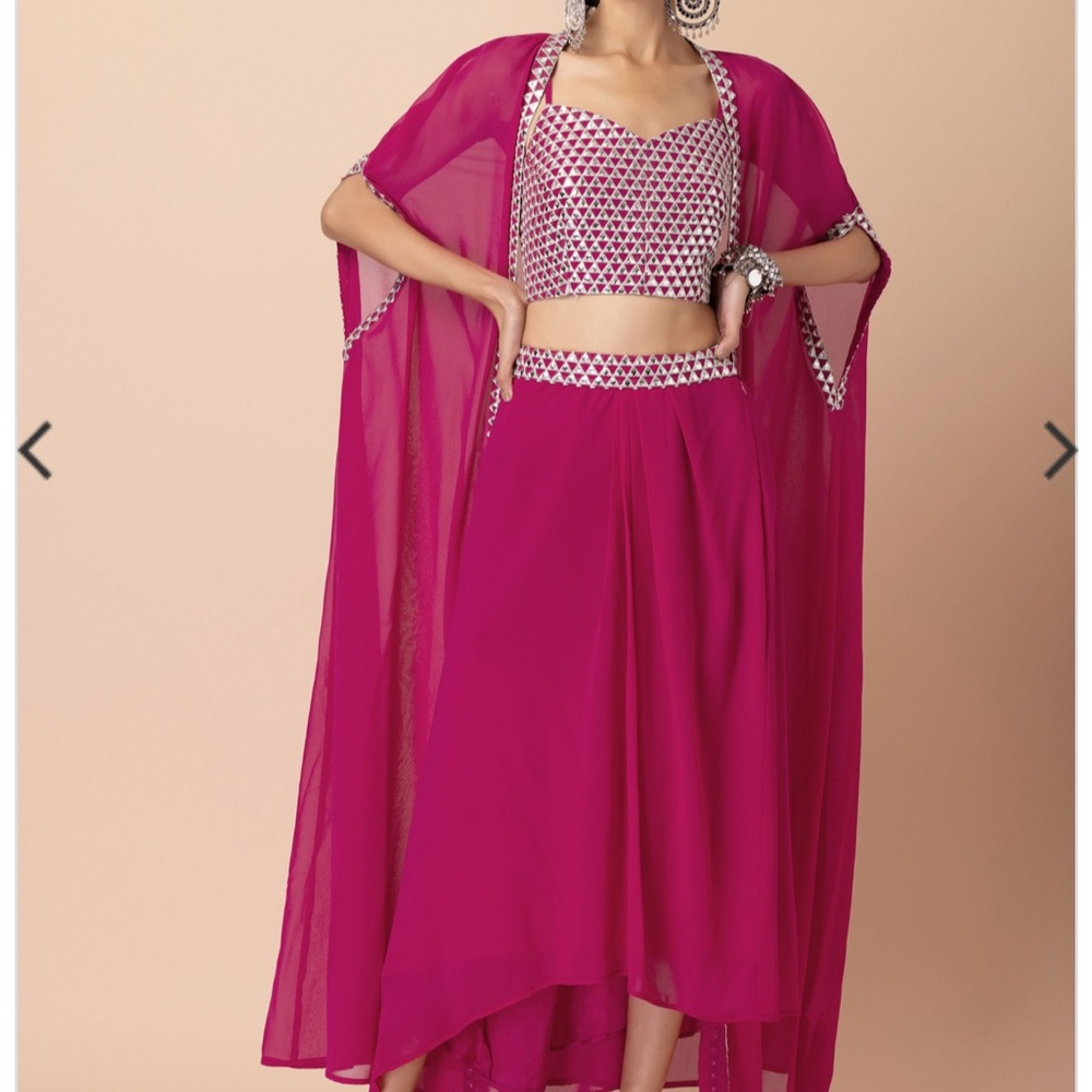 Fuchsia Embellished Crop Top & Cape Dress